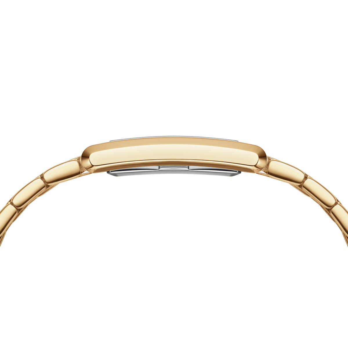 Slim gold rectangular case and 9-link bracelet of the Bound 9-Link Gold women’s watch, side profile view.
