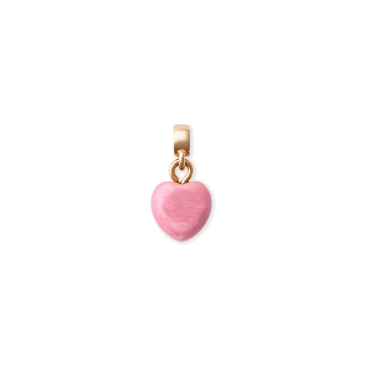 Heart-shaped charm crafted from pink rhodonite gemstone with natural veining, set in a rose gold PVD-finished stainless steel bail, shown against a plain background.