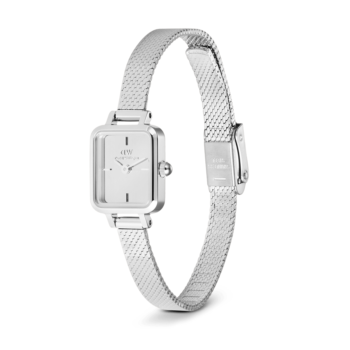Quadro Mini Reflection Silver women’s watch with rectangular mirror dial and slim polished stainless steel mesh strap.