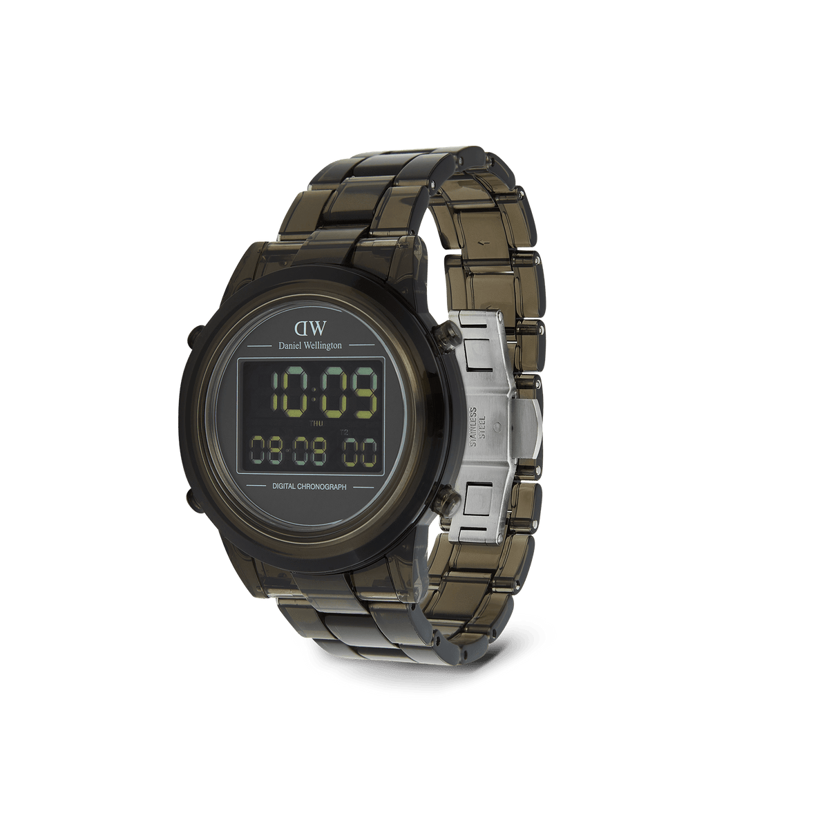 Daniel Wellington Retro Digital Dark Grey watch featuring a round case, black digital chronograph display, and dark grey stainless steel link strap with a butterfly clasp.