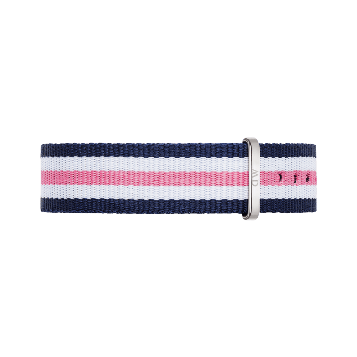 Southampton Strap Silver 18mm NATO watch strap in navy, white, and pink stripes, featuring a polished silver buckle and crafted from durable polyester fabric.