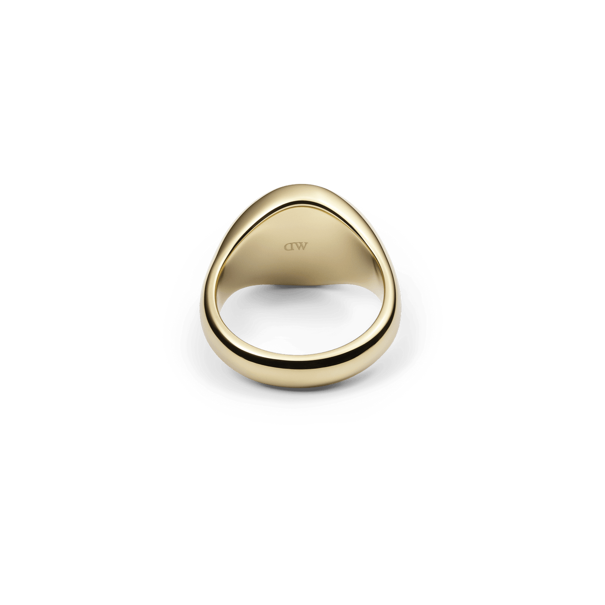 Classic gold signet ring showing inner band engraved with DW logo, polished finish and smooth, rounded edges.