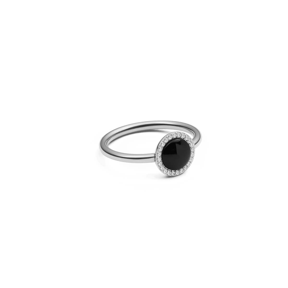 Audrey Ring Black Agathe Silver with domed black agate centre and halo of white cubic zirconia on a sleek silver band.