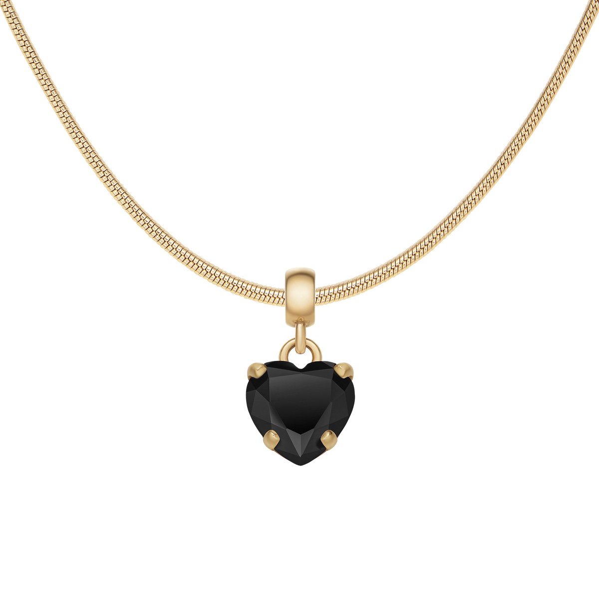 Heart-shaped black cubic zirconia charm set in a gold-plated stainless steel claw, shown on a sleek gold chain for a modern, elegant jewellery look.