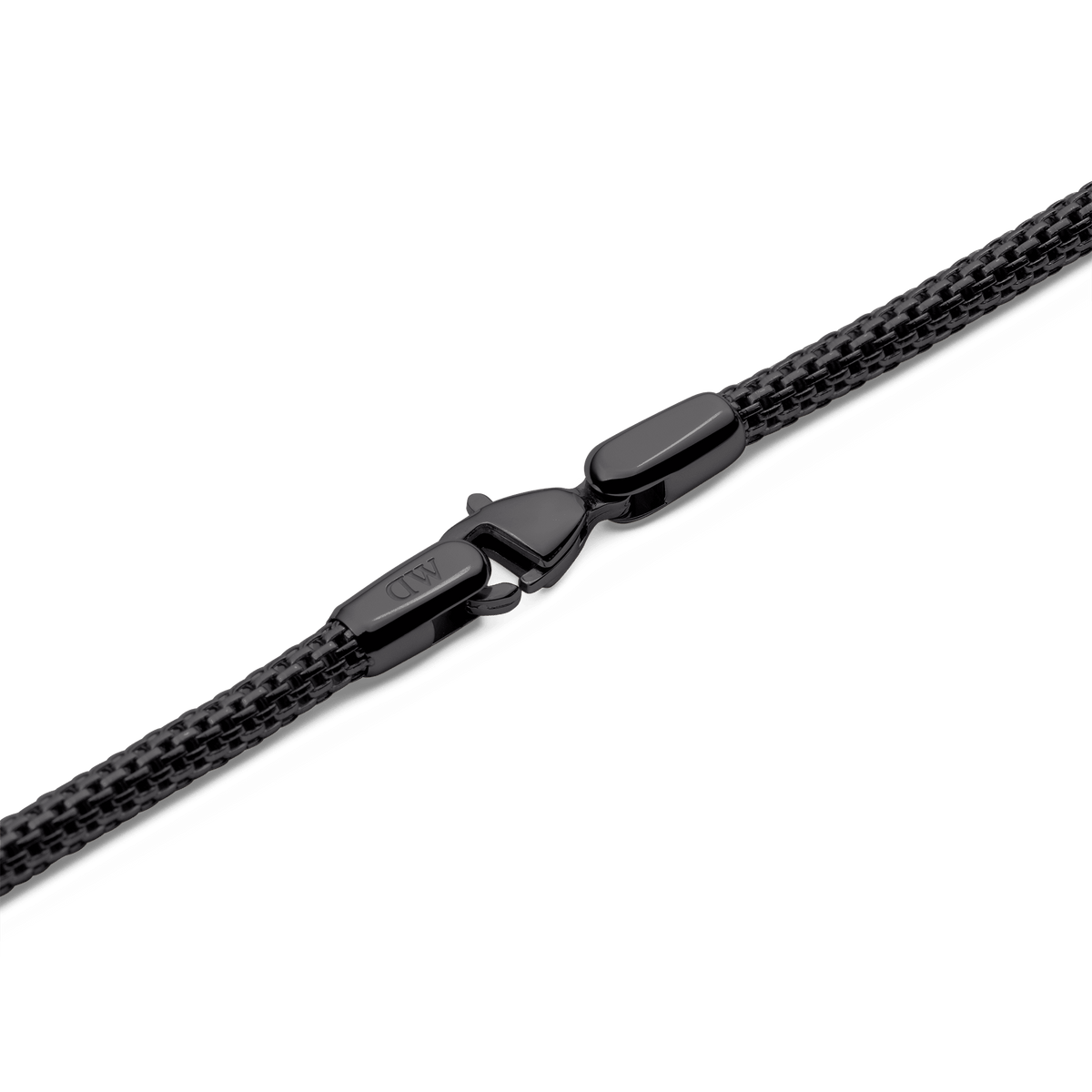 Detail of the Tide Mesh Necklace Black 2.8 showing the black stainless steel mesh chain and secure lobster clasp with subtle branding.