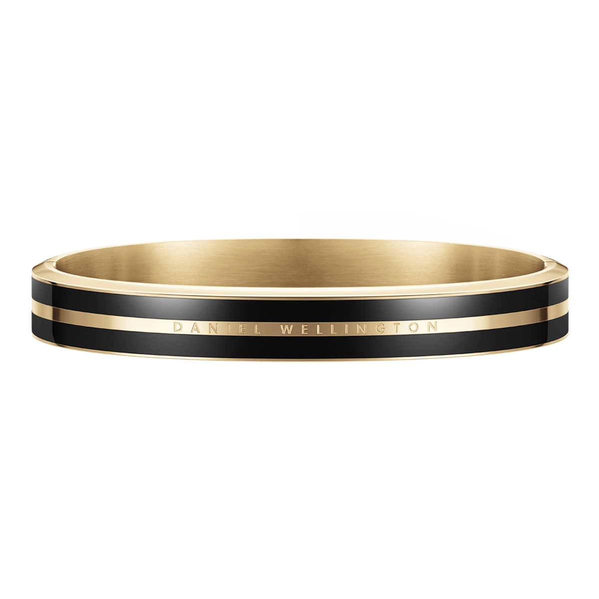 Gold and black Daniel Wellington Emalie Infinite bracelet featuring dual enamel stripes, a smooth polished finish, and subtle engraved detailing.