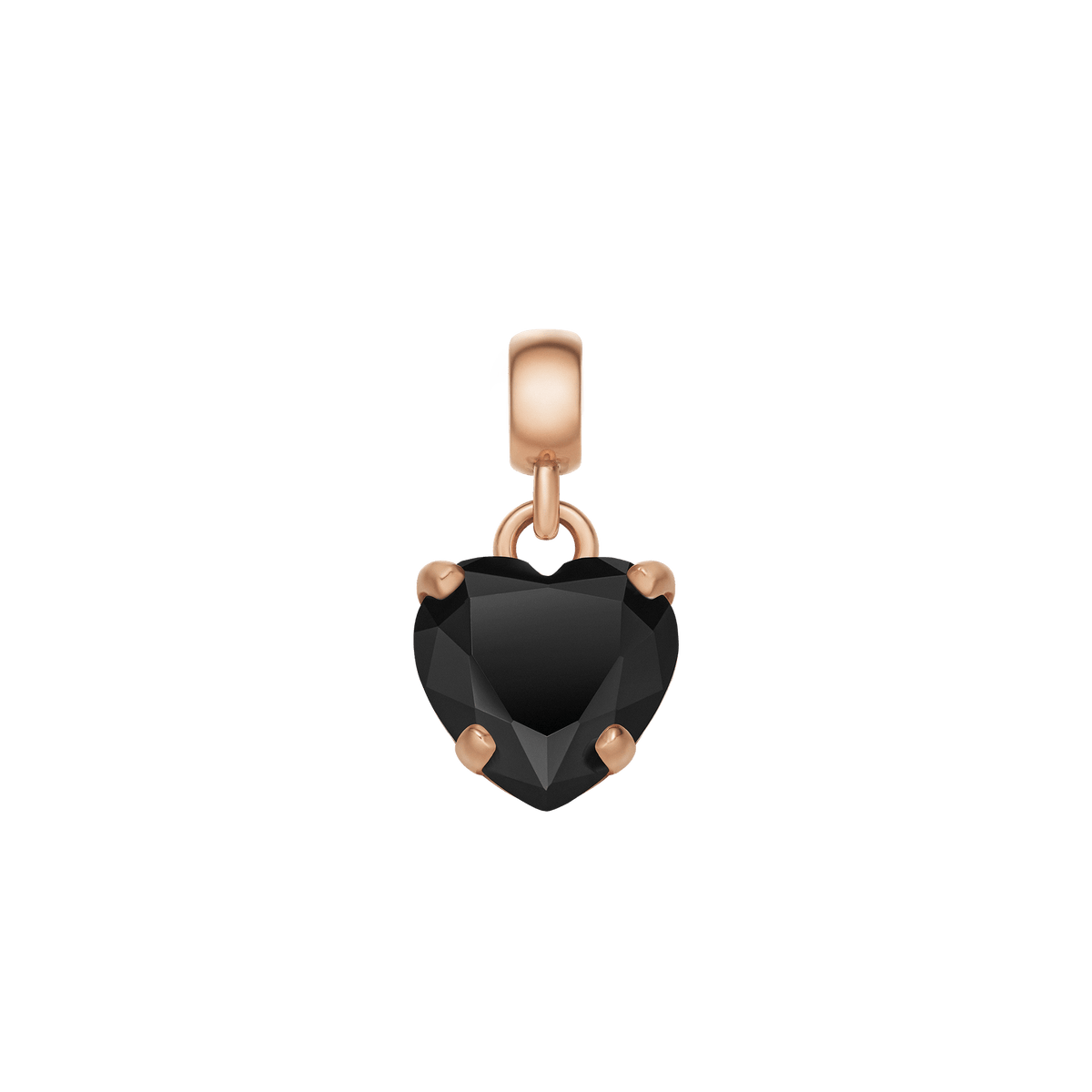 Rose gold charm featuring a heart-shaped black cubic zirconia crystal in a claw setting, designed for bracelets or necklaces with a minimalist and elegant style.