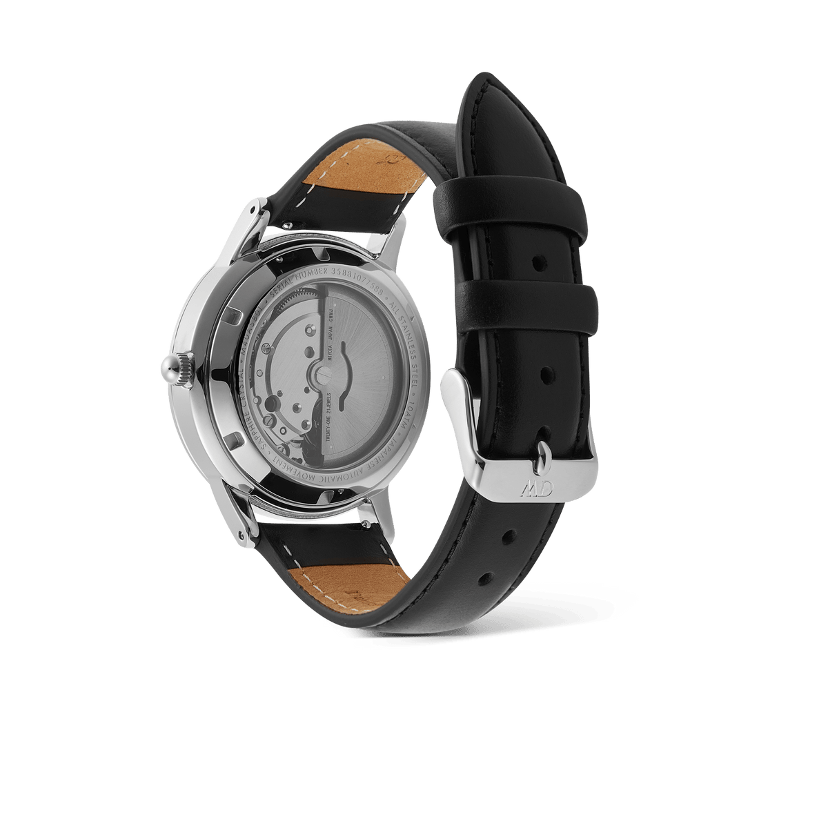 The Daniel Wellington Iconic Sheffield Automatic Silver watch shown from the back, highlighting the exhibition case back with visible automatic movement and black Italian leather strap.