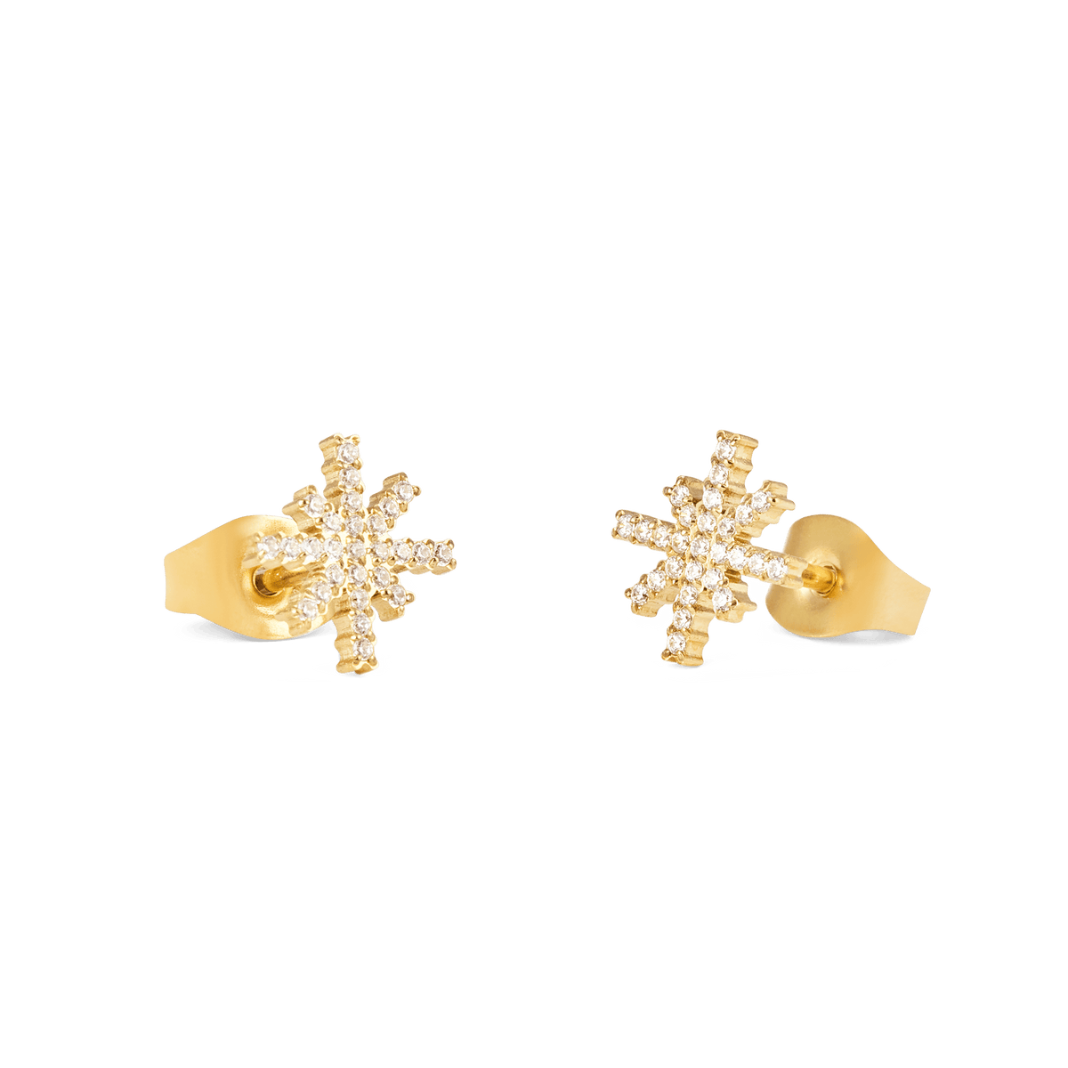 Pair of Mirelle Star Earring Gold stud earrings with gold-tone star shapes, each set with sparkling white cubic zirconia crystals and secure butterfly backs, shown on a plain background.