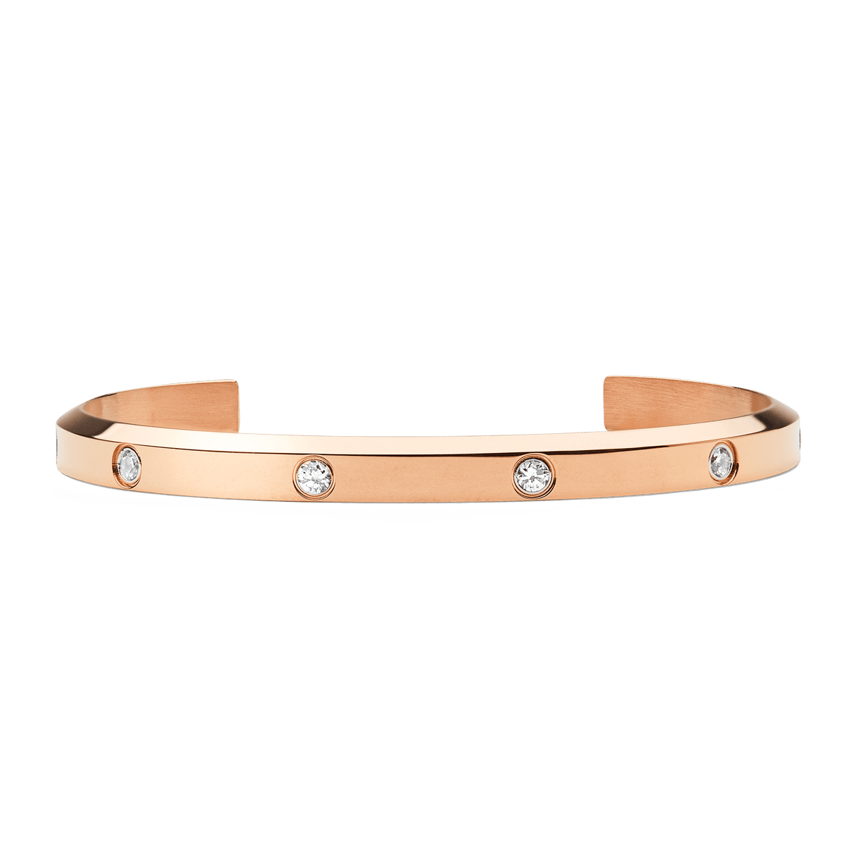Rose gold open bangle bracelet with a polished finish, featuring eight evenly spaced cubic zirconia crystals set along the band for a refined and minimalist look.