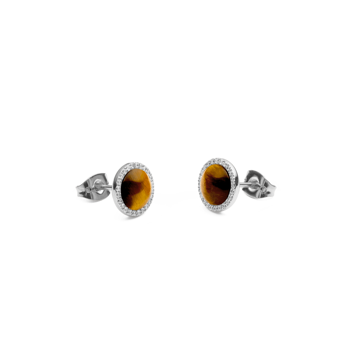 Audrey Tiger Eye Silver stud earrings with domed golden-brown stones and cubic zirconia halo in polished silver-tone setting.