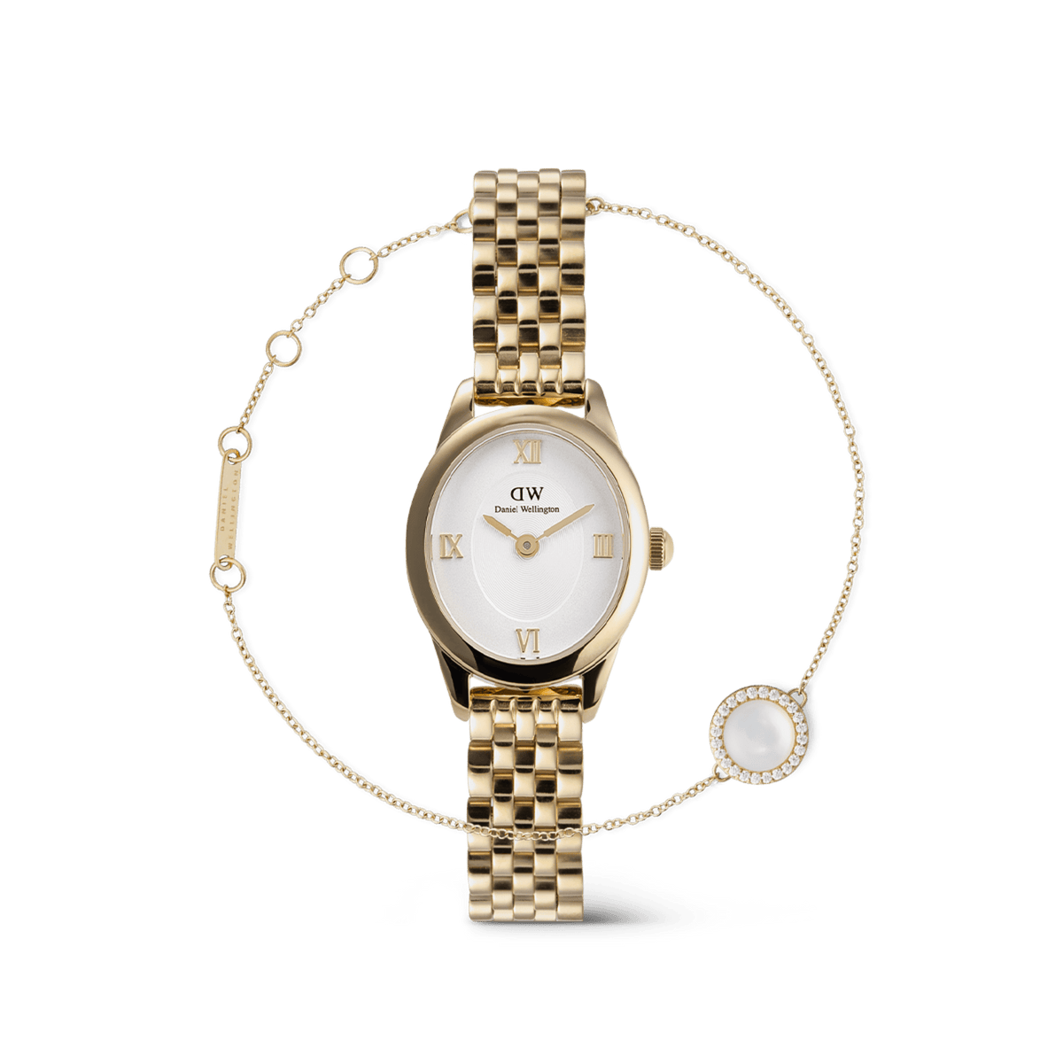 Daniel Wellington Ophelia Mini & Audrey Gold Set featuring a petite gold watch with an oval case, white dial, Roman numeral markers, and a polished link bracelet, paired with a delicate gold bracelet adorned with a circular white centrepiece and crystal accents.
