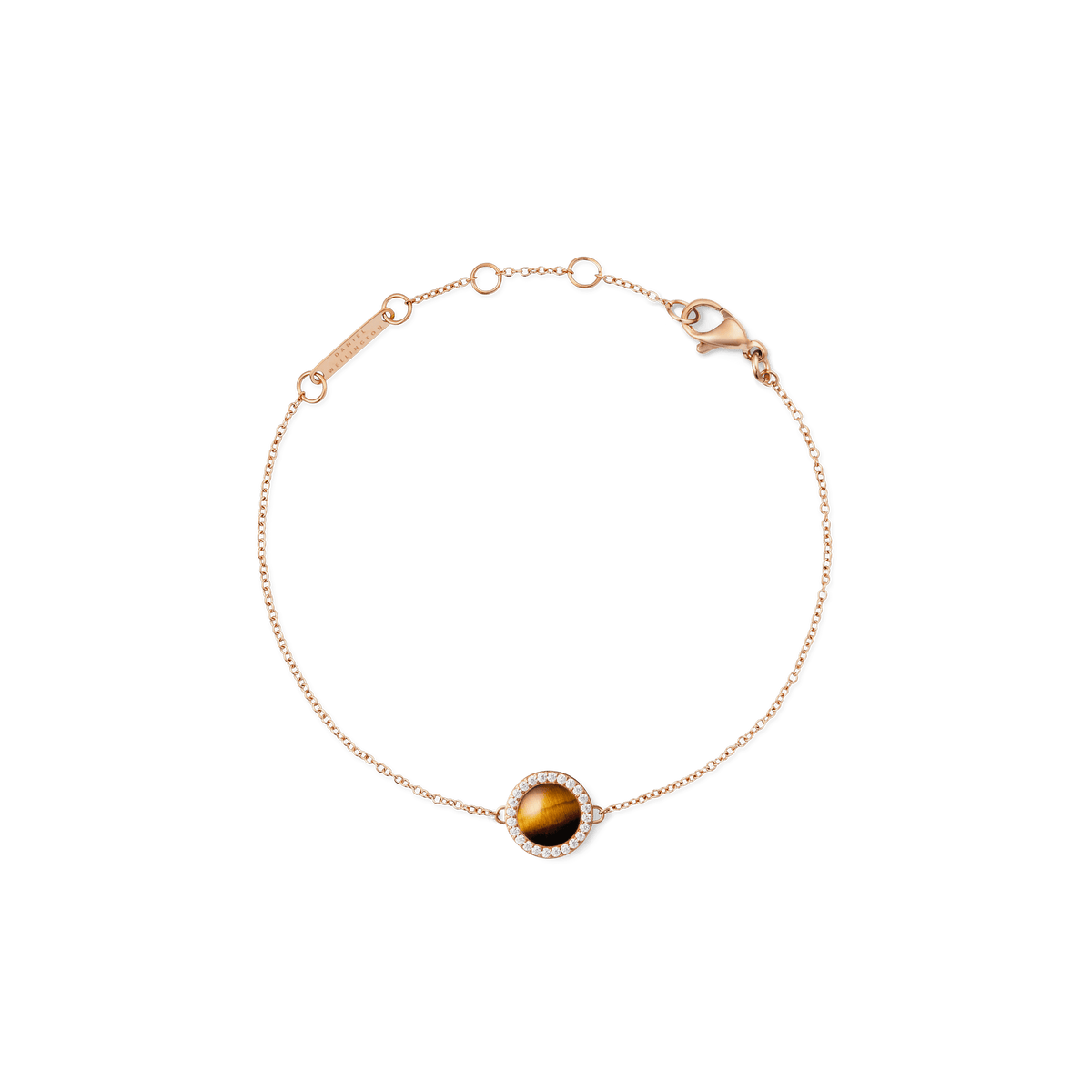 Rose gold bracelet with domed Tiger Eye stone centre, surrounded by cubic zirconia on a delicate adjustable chain.
