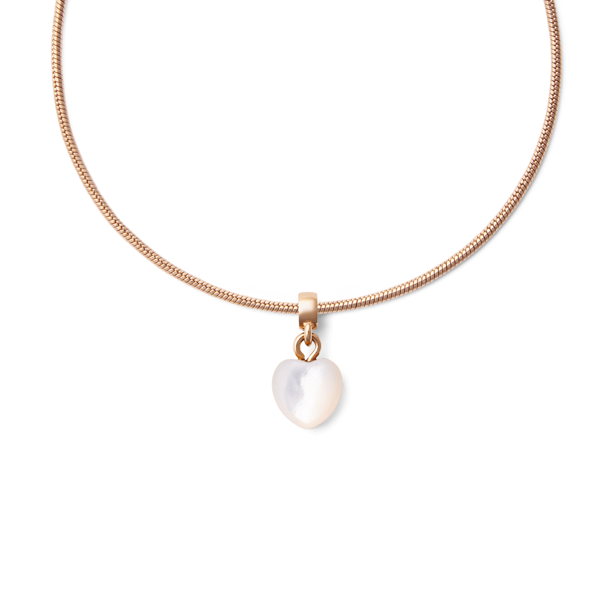 Rose gold necklace featuring a heart-shaped mother of pearl charm, showcasing a smooth iridescent finish and elegant, contemporary styling.