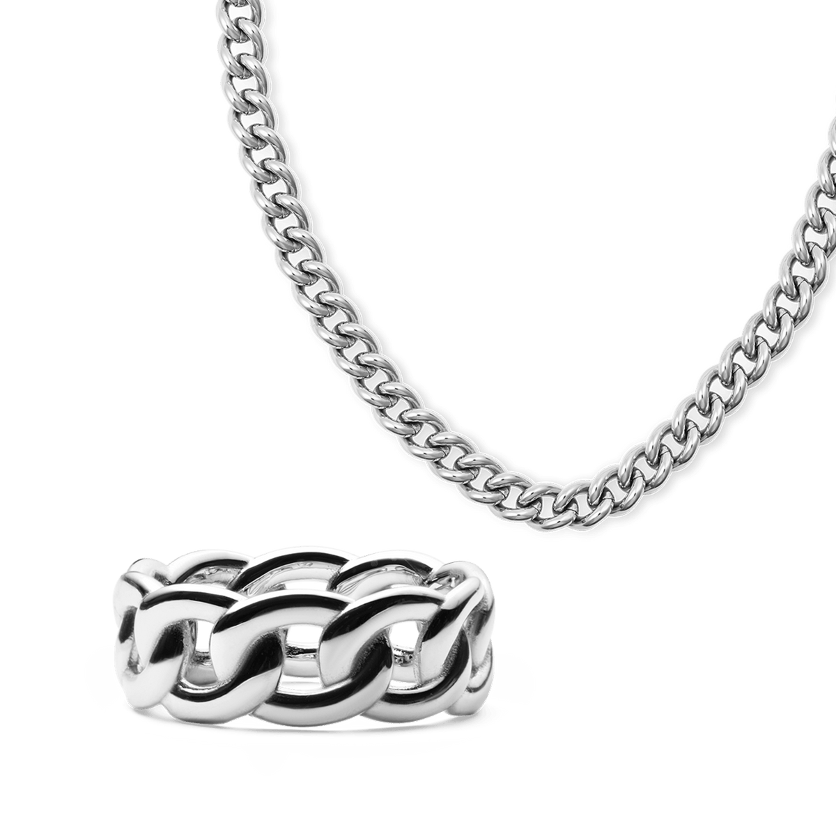 Chunky silver jewellery set featuring a bold chain link necklace and matching ring, both with a polished finish and contemporary design.