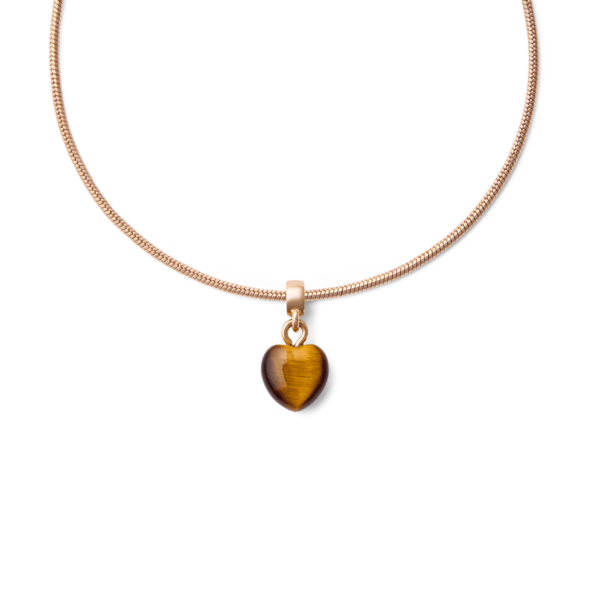 Rose gold necklace featuring a heart-shaped tiger eye charm with natural golden-brown veining, offering a refined and elegant accent for everyday wear.