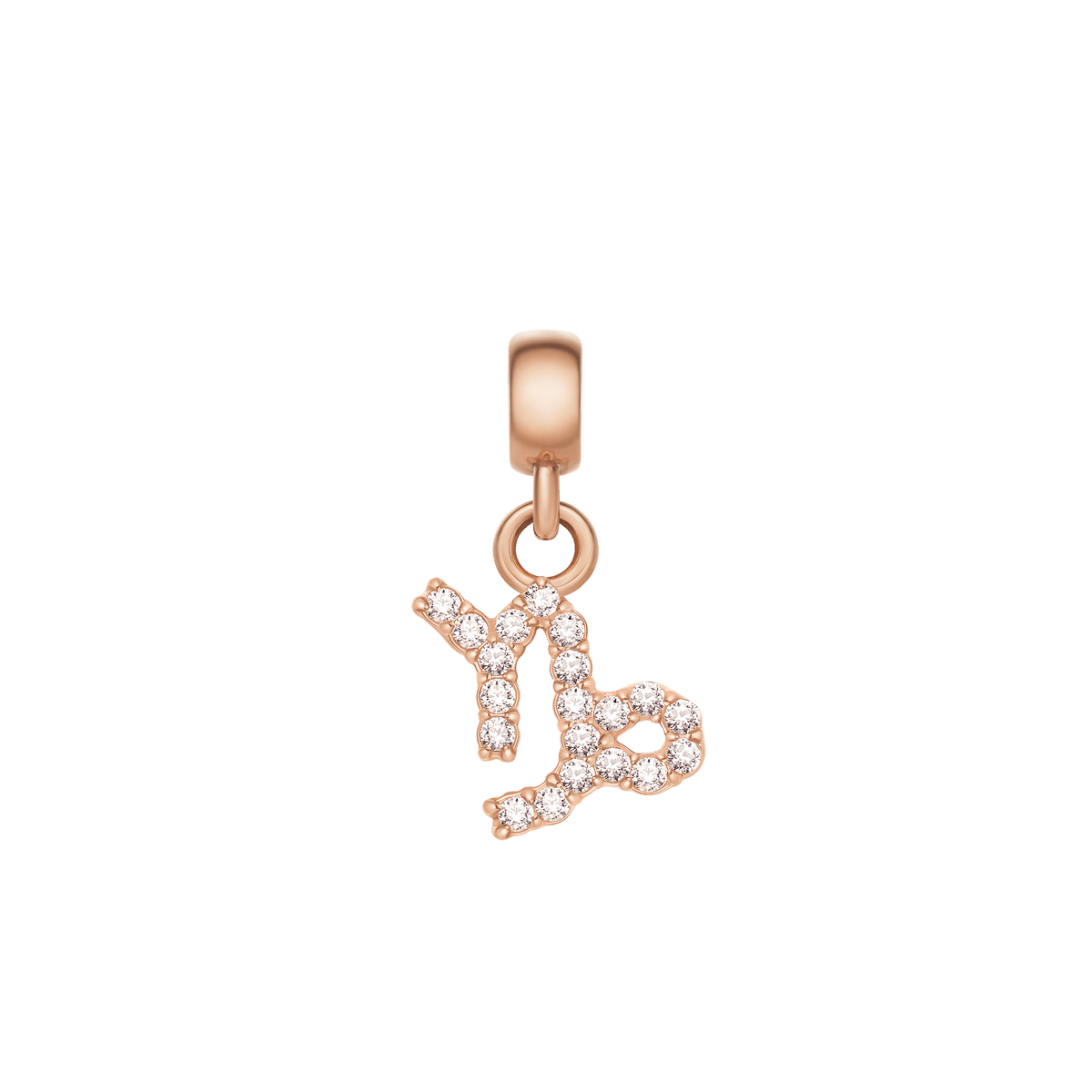 Capricorn zodiac charm in rose gold stainless steel, adorned with sparkling cubic zirconia crystals in a petite, elegant design.