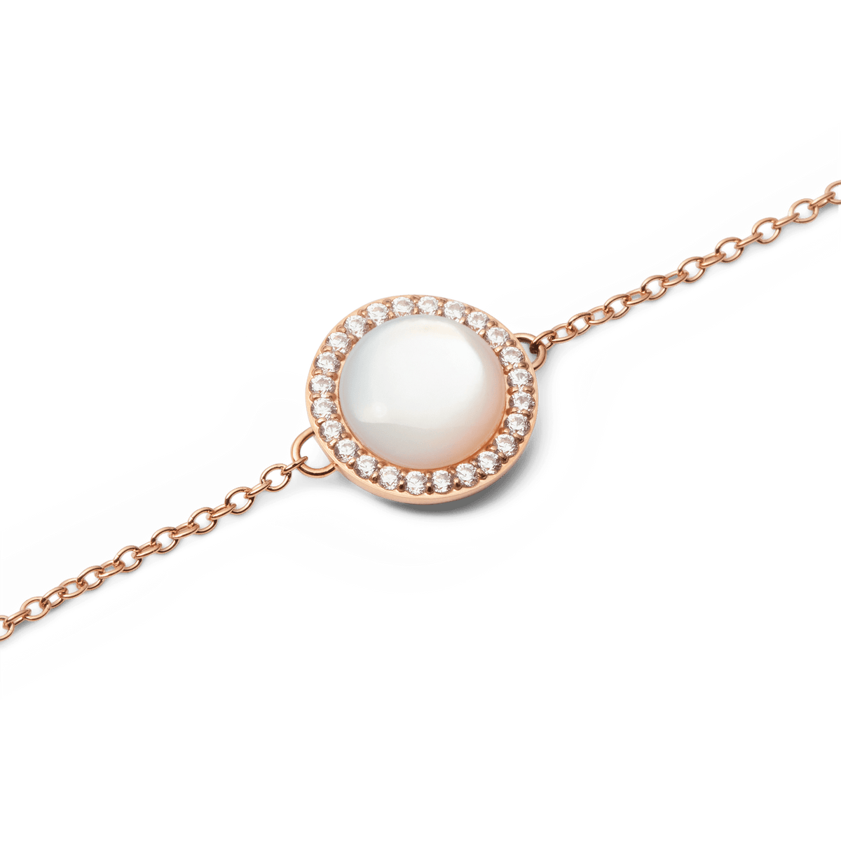 Close-up of Audrey Bracelet in rose gold with domed Mother of Pearl centre and sparkling cubic zirconia halo on fine chain.