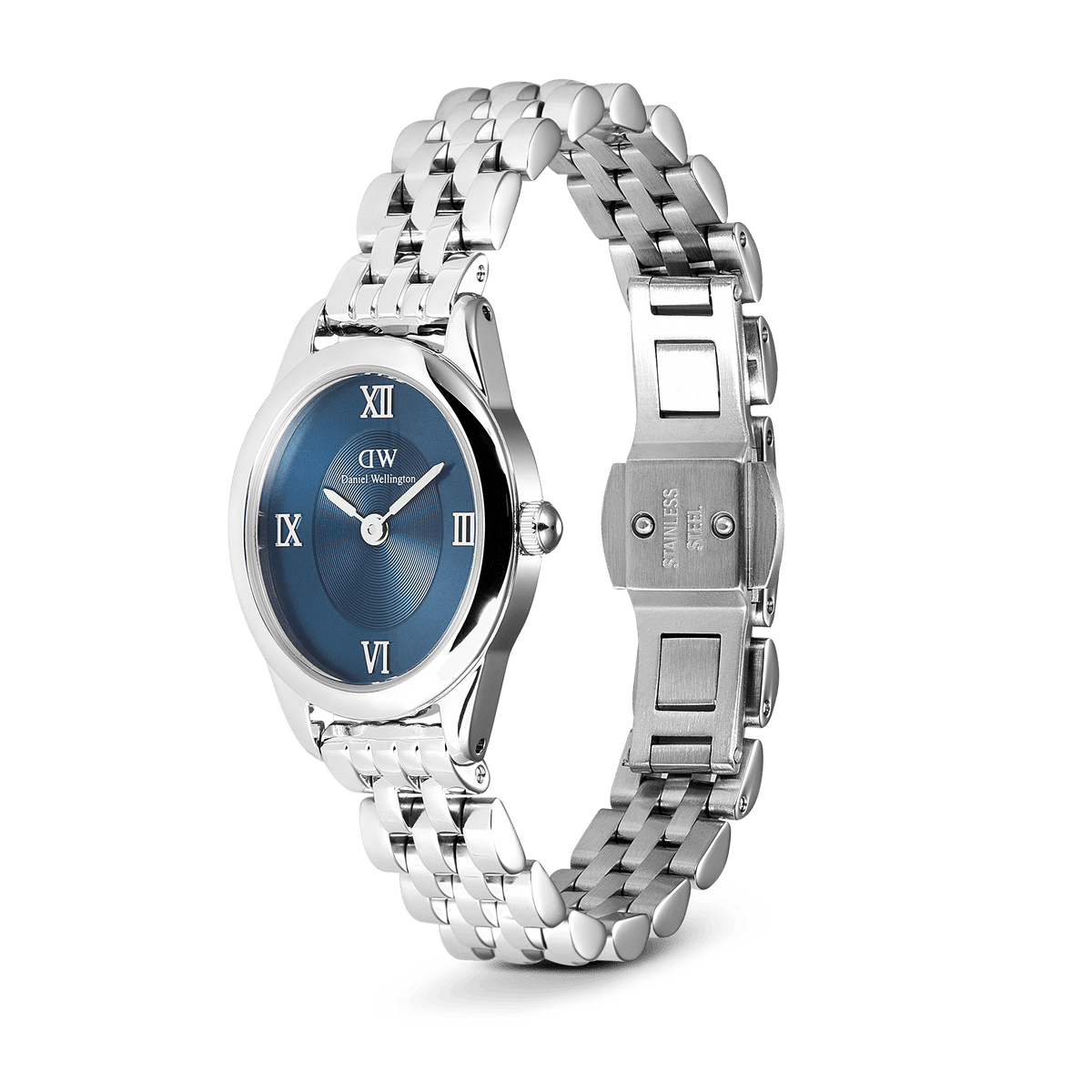 Ophelia Mini Arctic Silver women’s watch with blue oval dial, Roman numerals, and open stainless steel 5-link bracelet.