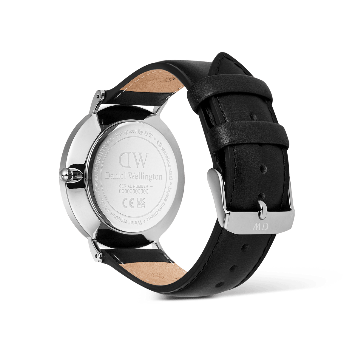Back view of the Classic Day Display Sheffield Silver watch, showing the engraved stainless steel case back and adjustable black genuine leather strap with polished buckle.
