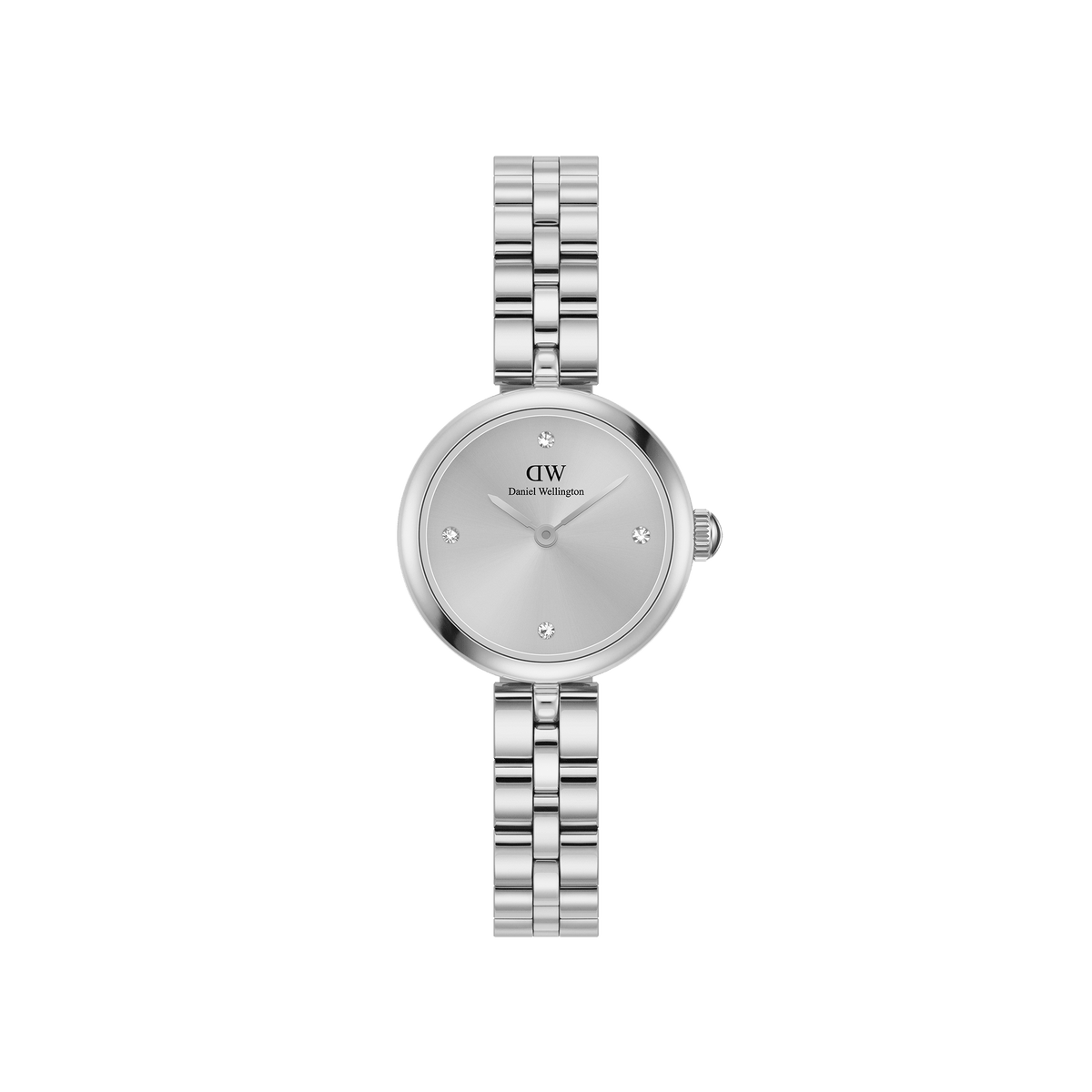 Elan Lumine Unitone Silver women’s watch with 22mm round dial, crystal markers, and polished stainless steel strap.