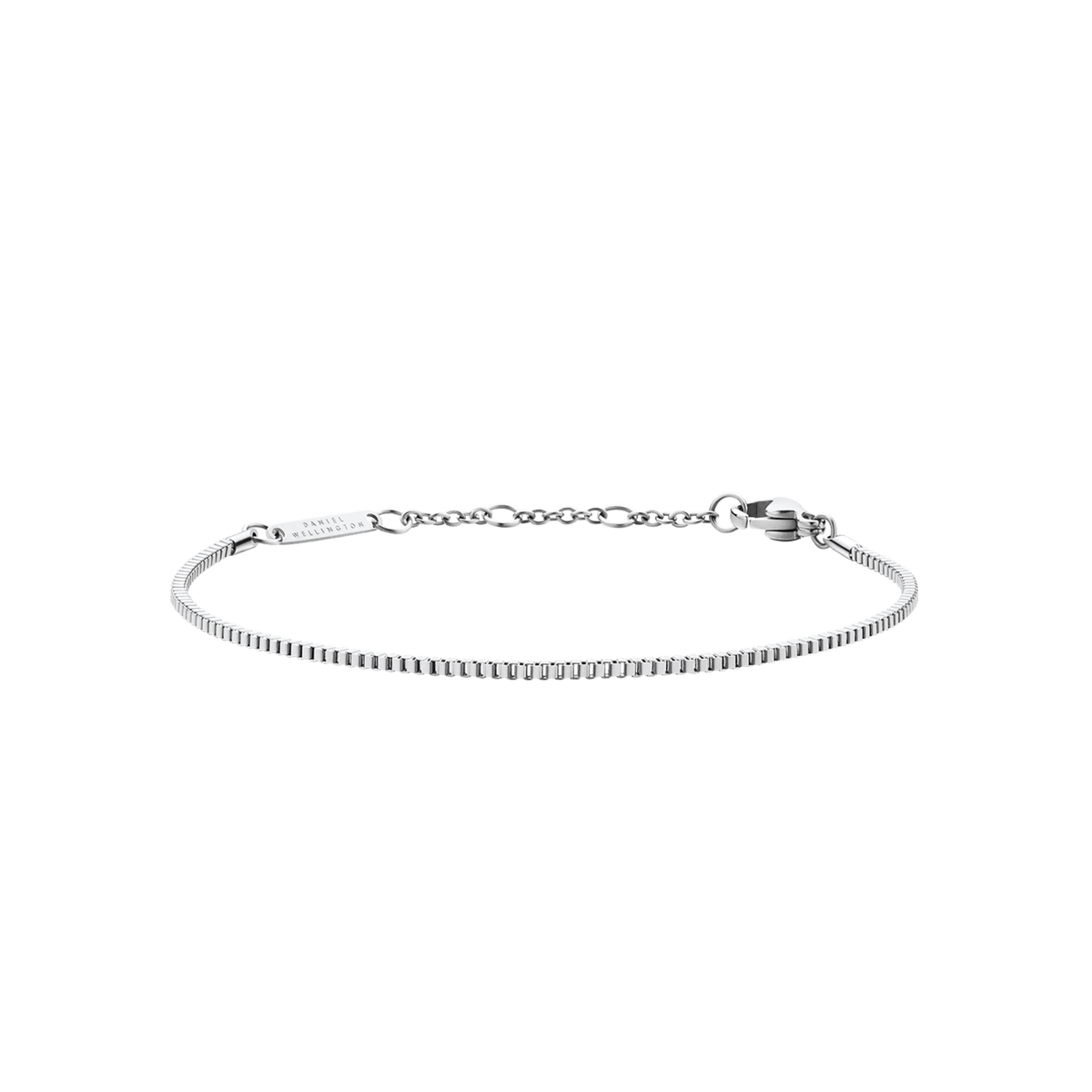 Slim silver box chain bracelet in polished stainless steel with adjustable clasp and delicate, minimalist design.