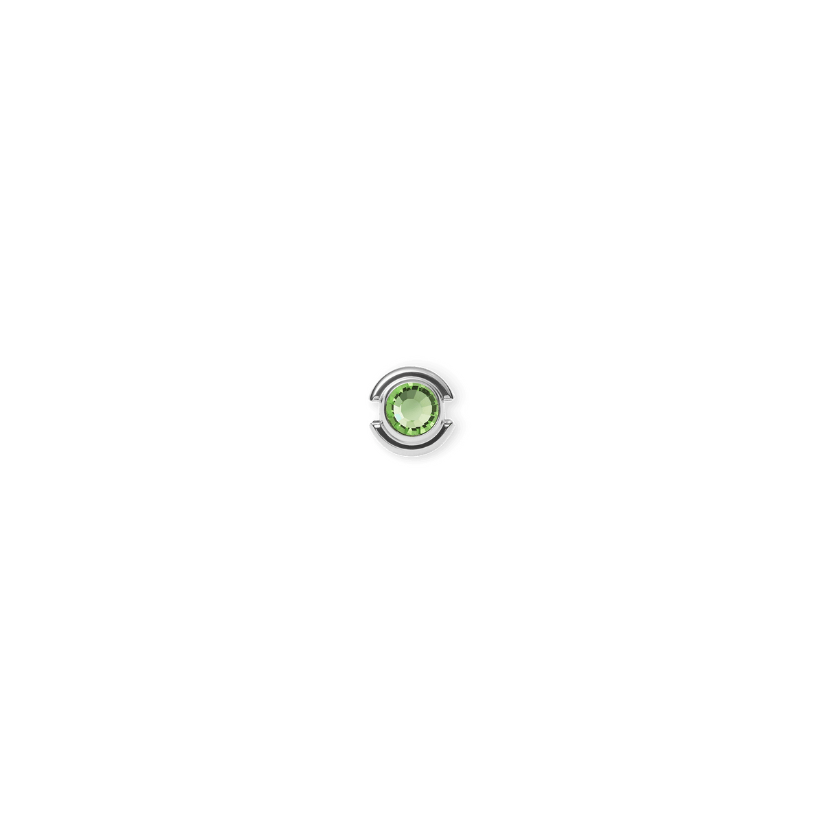 Sterling silver charm featuring a round, faceted peridot-coloured crystal in a minimalist setting, designed for necklaces or bracelets.