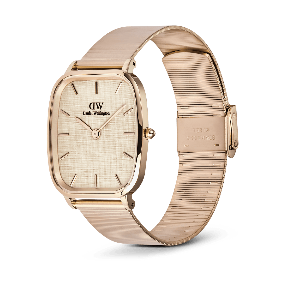 Daniel Wellington Marlon Wire Linen Rose Gold watch with a cushion-shaped rose gold case, linen-textured dial, minimalist hour markers, and an elegant wire mesh strap.