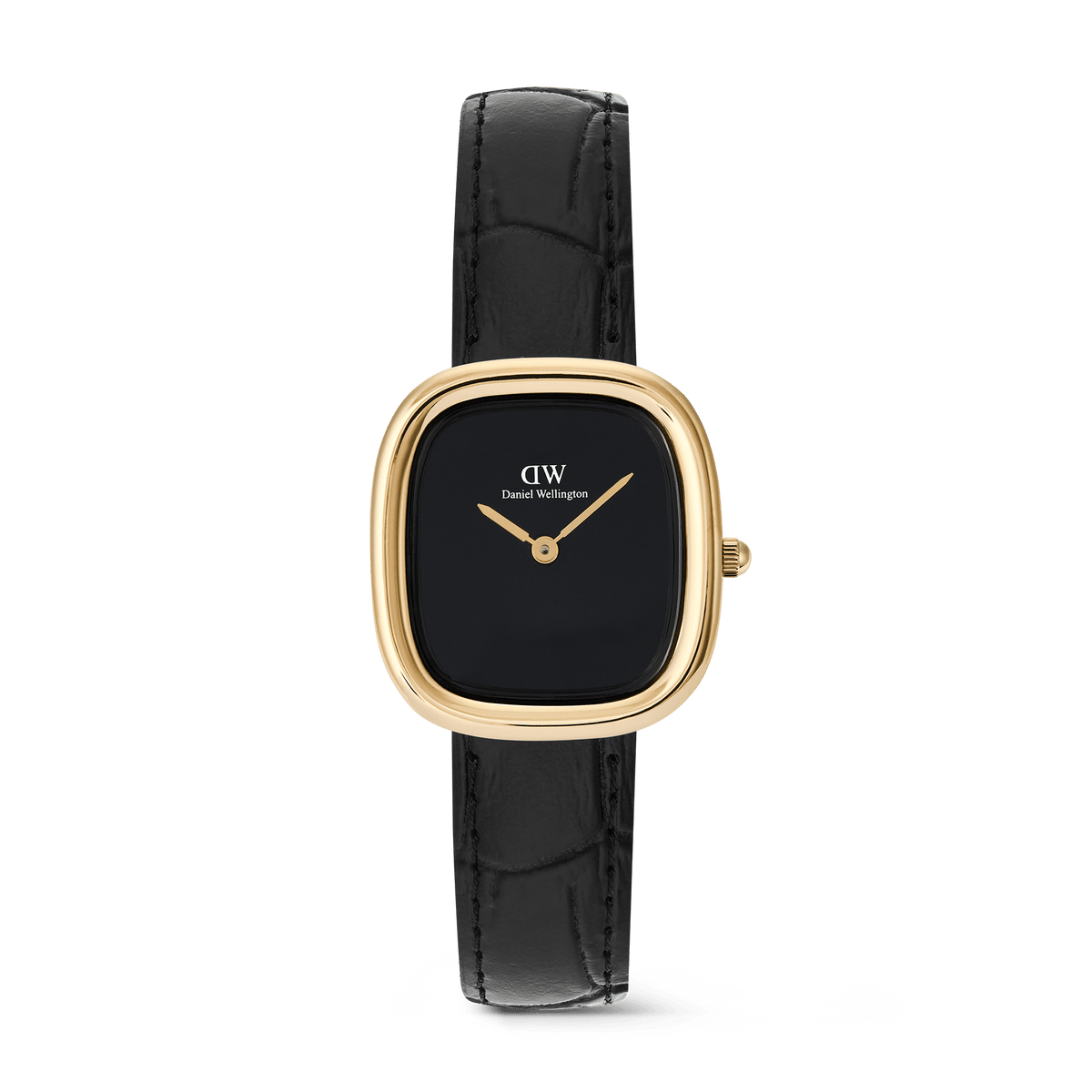 Elegant women's watch with a rounded square gold case, minimalist black ceramic dial, and a genuine black Croco leather strap, designed for a refined and contemporary look.