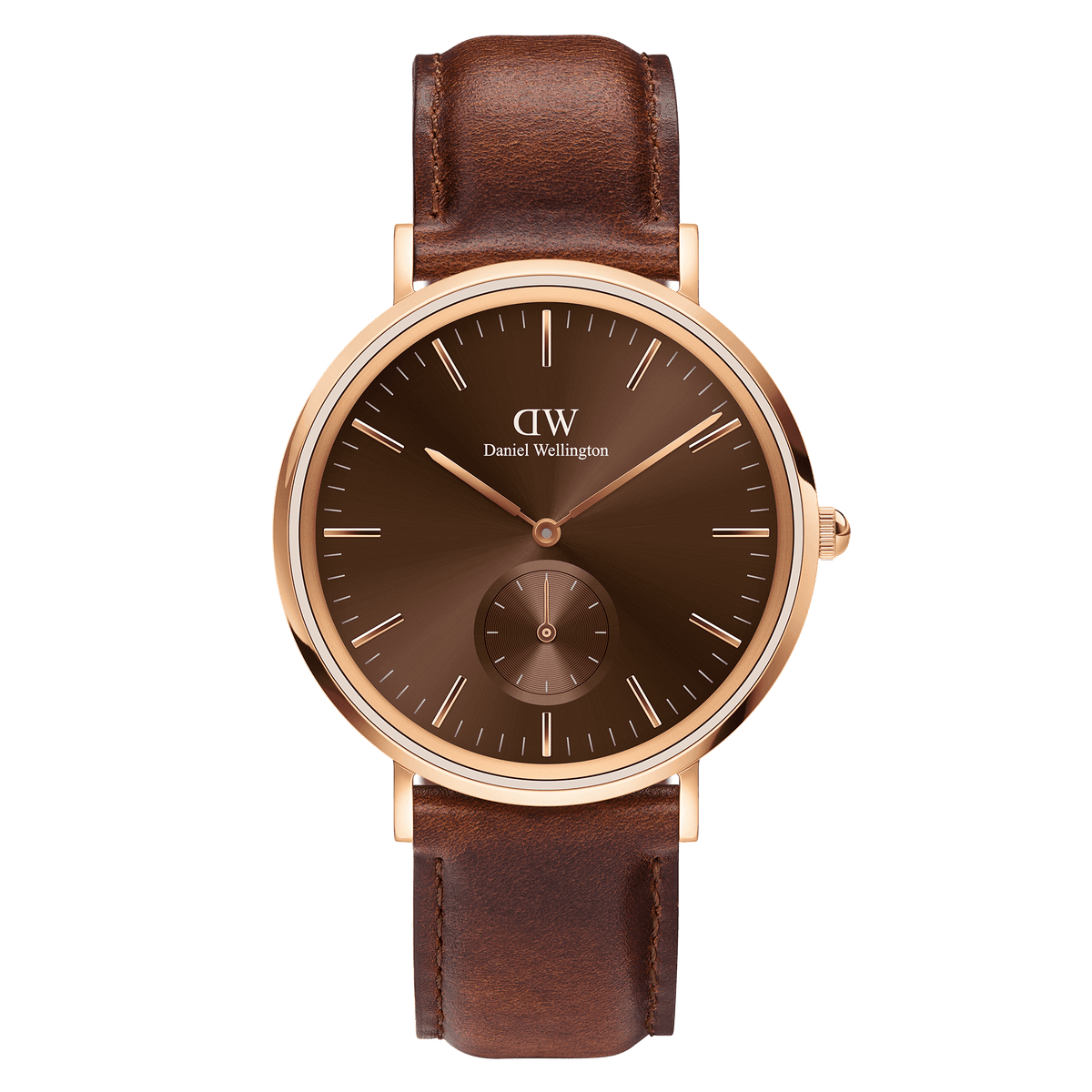 Classic Multi-Eye St Mawes Amber Rose Gold men’s watch with an amber dial, rose gold stainless steel case, minimalist hour markers, and a brown leather strap.