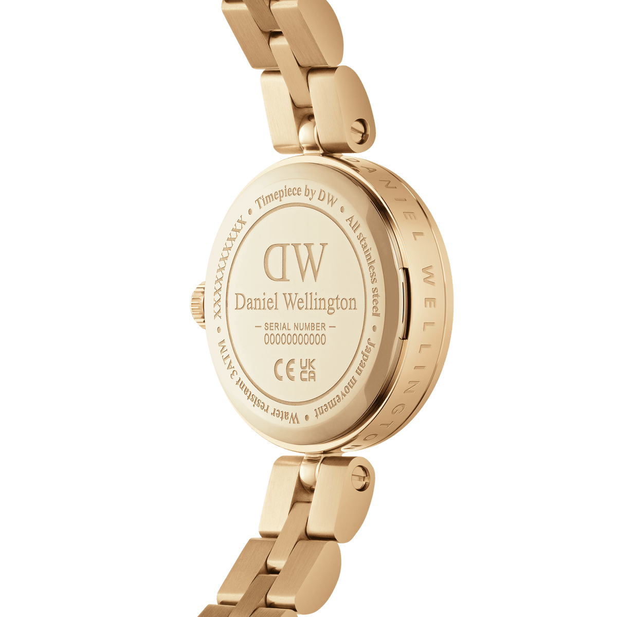 Back view of the Elan Lumine Unitone Gold women’s watch, showing the engraved Daniel Wellington logo, stainless steel case, and gold 3-link bracelet.