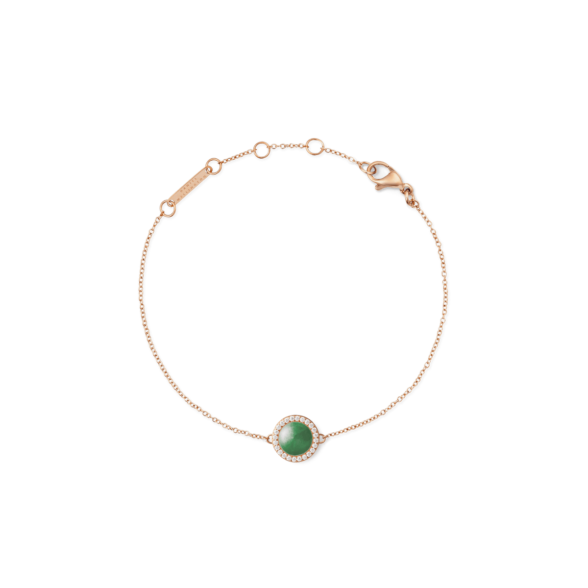 Rose gold bracelet with a central green jade stone, surrounded by white cubic zirconia and an adjustable fine chain.