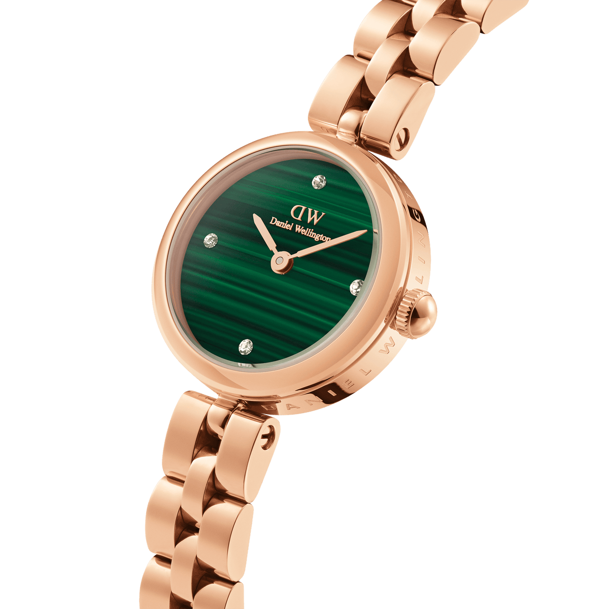 Close-up of the Elan Lumine Malachite Rose Gold watch featuring a green malachite dial with crystal hour markers and a polished rose gold bracelet.