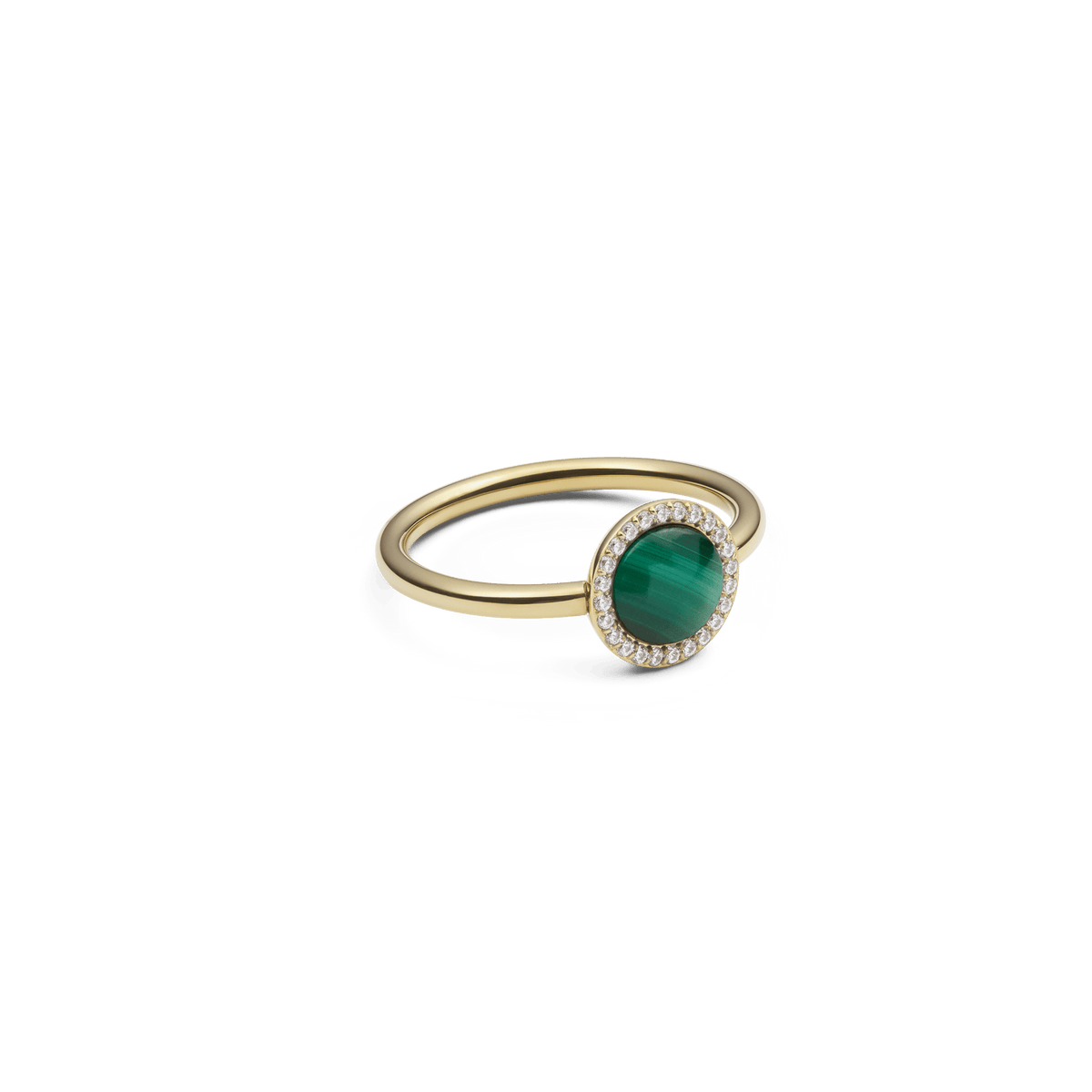 Audrey Ring Malachite Gold featuring a domed green malachite centre and pavé cubic zirconia halo on a slim gold band.