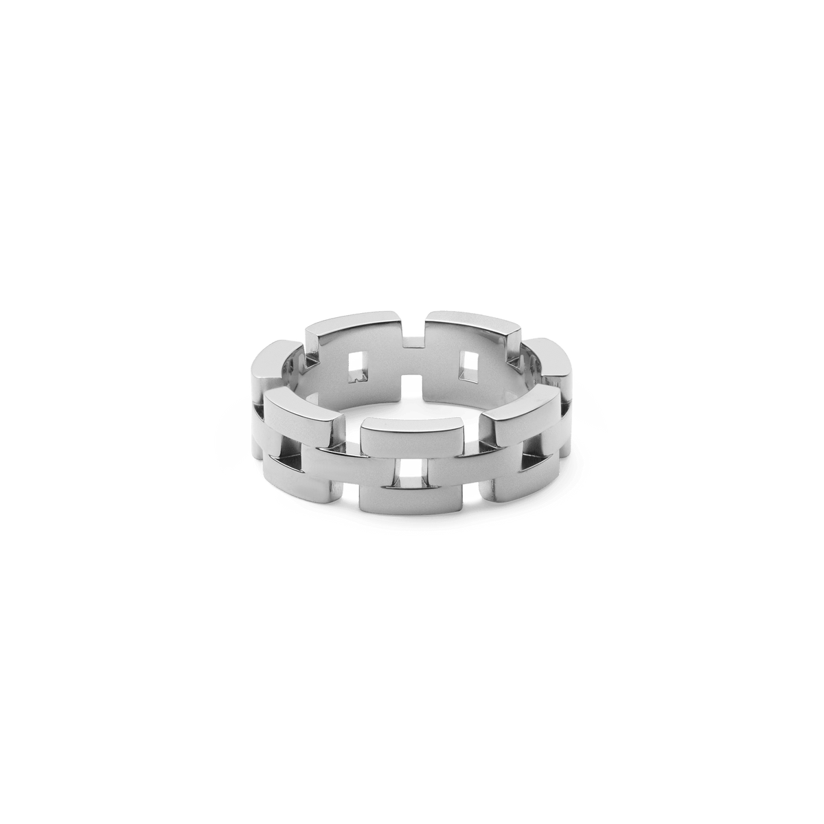 Polished silver 3-link ring crafted from stainless steel, featuring a bold geometric design with smooth, rounded edges and a contemporary finish.