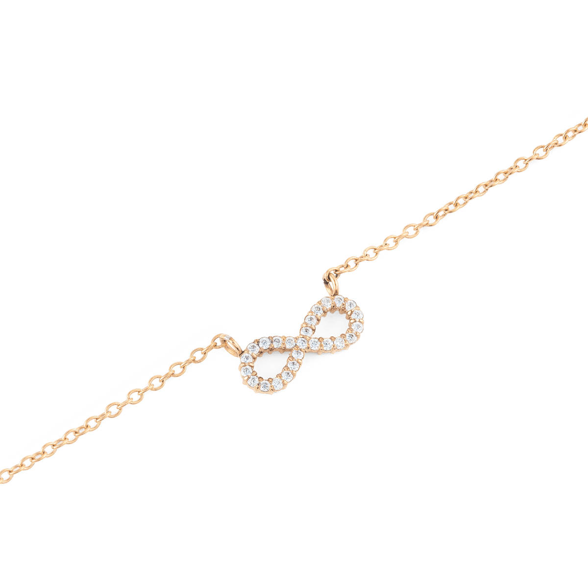 Close-up of the Mirelle Infinity Necklace Rose Gold, featuring a delicate rose gold chain and an infinity pendant adorned with white cubic zirconia crystals for a refined, sparkling finish.