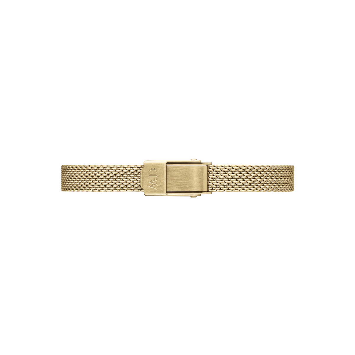 Gold mesh bracelet with adjustable clasp for Quadro Mini Evergold Amber watch, featuring Daniel Wellington engraving.