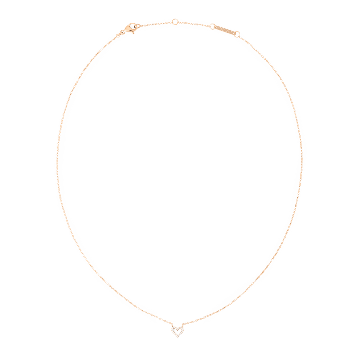 Rose gold necklace with a fine adjustable chain, featuring a delicate heart-shaped pendant set with white cubic zirconia crystals. The lightweight design highlights the pendant’s subtle sparkle, offering an elegant and versatile jewellery piece.