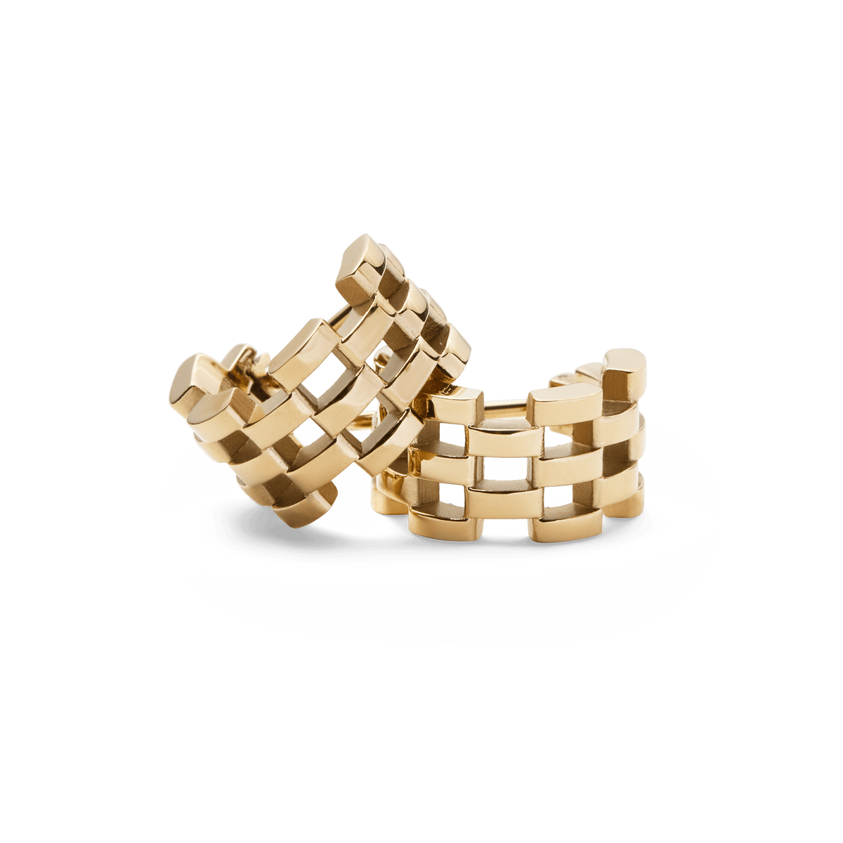 Pair of gold 5-link earrings featuring a geometric, interlocking design with a polished finish inspired by classic watch straps.