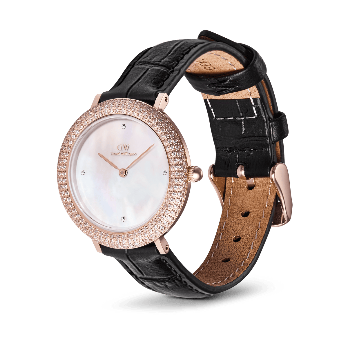Crystalline Bezel Black Croc Rose Gold women's watch with a mother of pearl dial, rose gold case set with sparkling cubic zirconia, and a black crocodile-embossed leather strap.