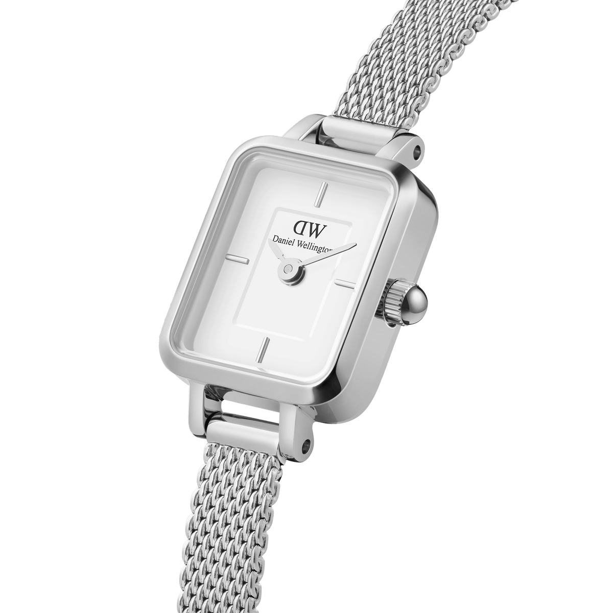 Quadro Mini Sterling silver women’s watch with rectangular white dial and stainless steel mesh strap, elegant minimalist style.