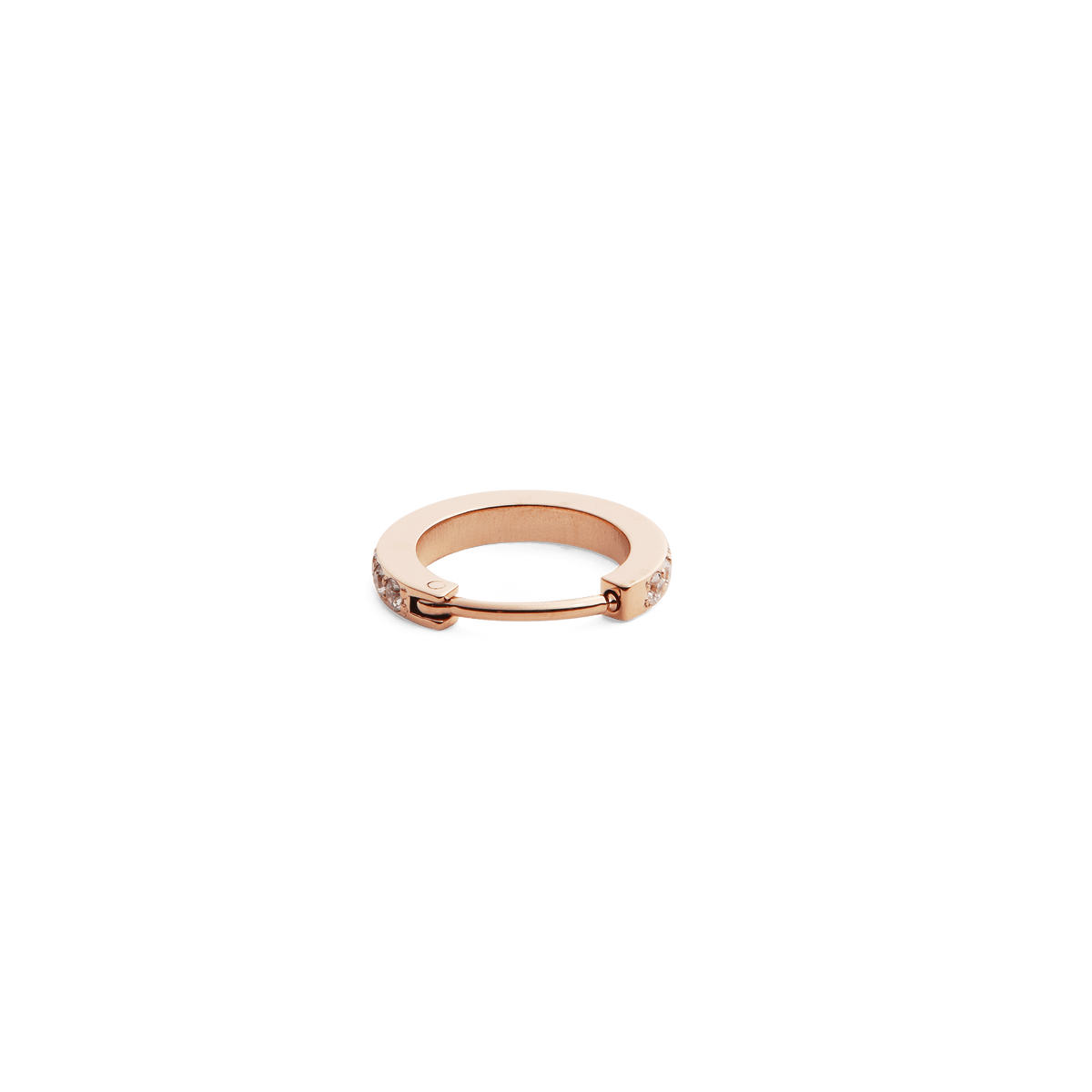Petite rose gold hoop earring featuring a row of cubic zirconia crystals and a discreet hinged fastening, shown from the side to highlight its slim profile.