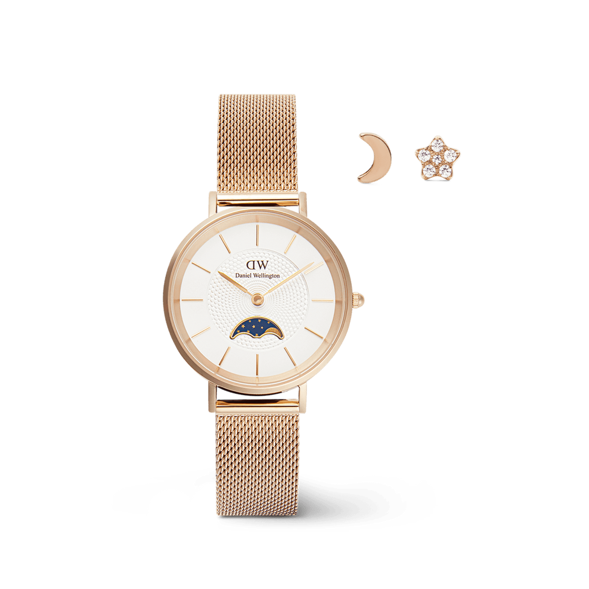 Rose gold watch with a white dial featuring a moon phase detail and a mesh strap, paired with a delicate moon-shaped stud and a sparkling star earring, both in a celestial-inspired design.