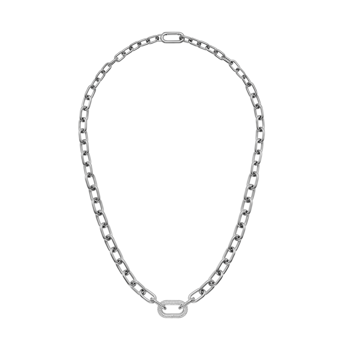 Chunky silver chain necklace featuring bold industrial links and a central link adorned with sparkling cubic zirconia crystals, crafted from stainless steel with a polished rhodium-plated finish.