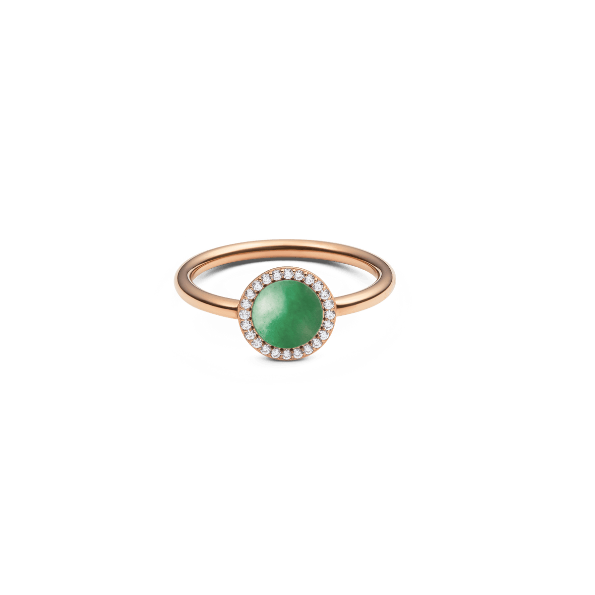 Rose gold ring with round green jade centrepiece, haloed by white cubic zirconia, elegant and modern jewellery for women.