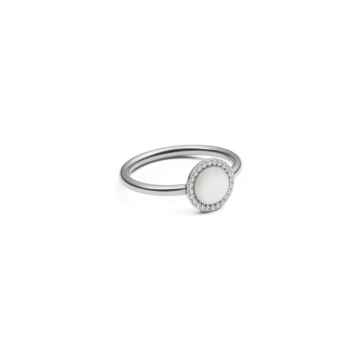 Audrey Ring in silver with a domed mother of pearl centre and halo of white cubic zirconia on a slim polished band.