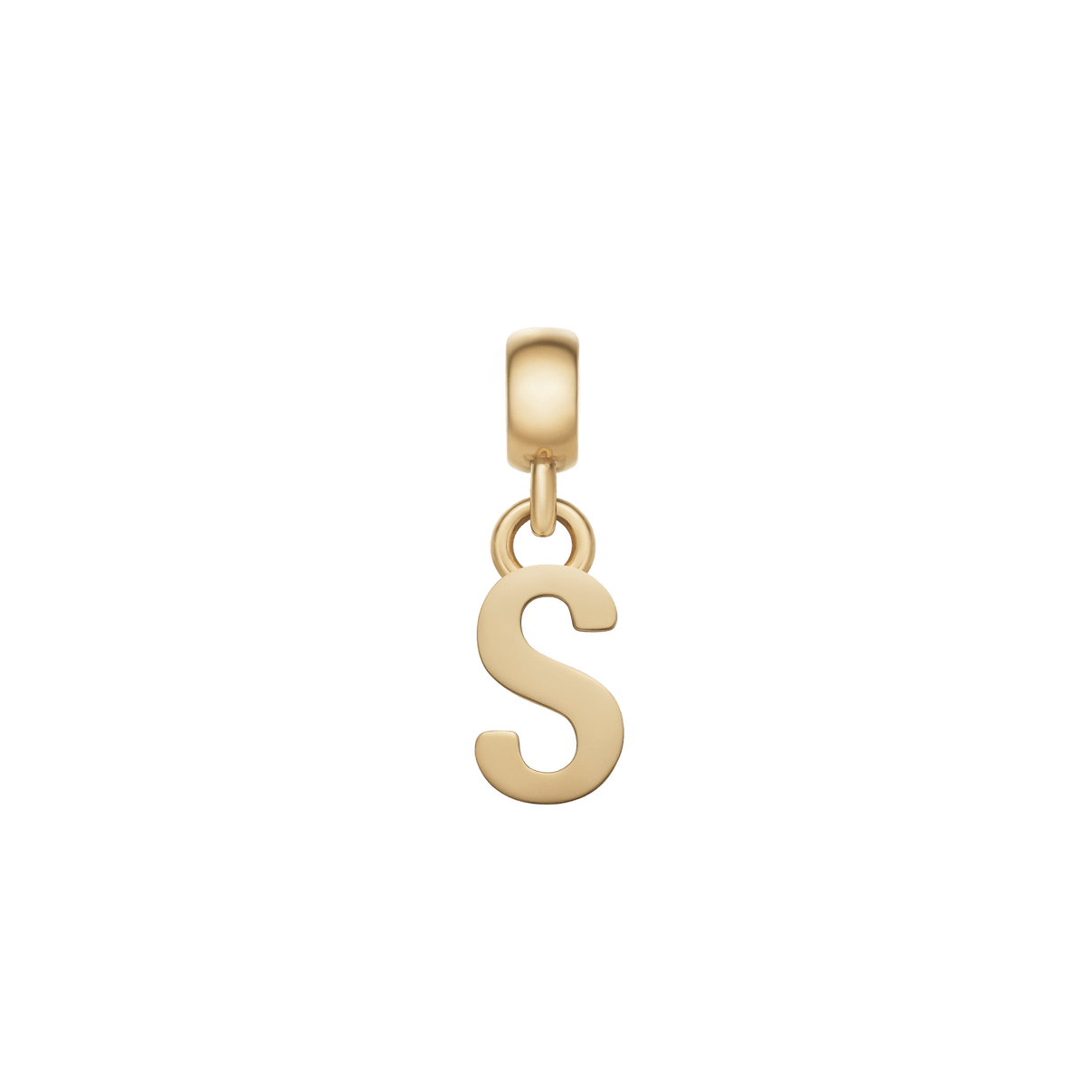 Gold letter S charm with a sleek, polished finish and an adjustable clasp, ideal for personalising bracelets or necklaces with a refined, minimalist touch.