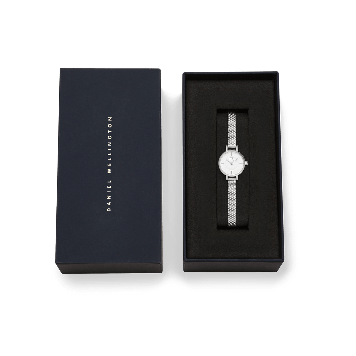 Petite Mini Sterling women’s silver watch with mesh strap presented in a navy Daniel Wellington gift box.