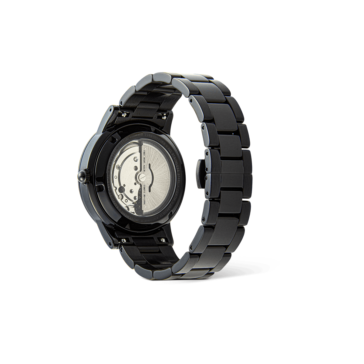 Rear view of the Daniel Wellington Iconic Link Automatic Black watch showing the exhibition case back and stainless steel bracelet.