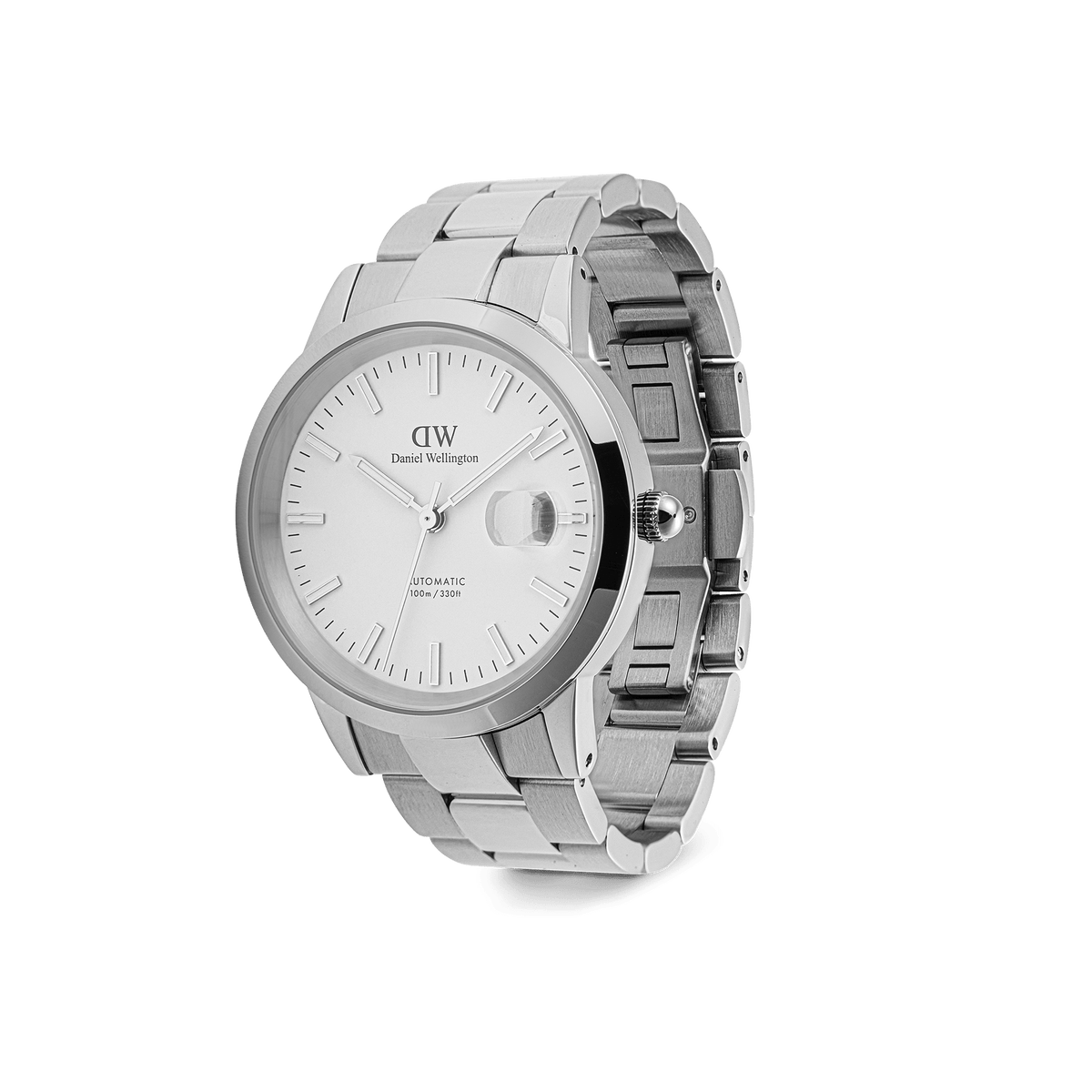 Daniel Wellington Iconic Link Automatic Silver watch with a brushed and polished stainless steel bracelet, white enamel dial, and magnified date window.